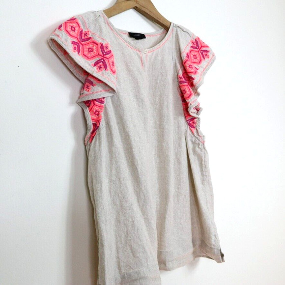 J Crew Size M Embroidered Linen Flutter Sleeve Top Cream Pink Orange - Picture 3 of 9